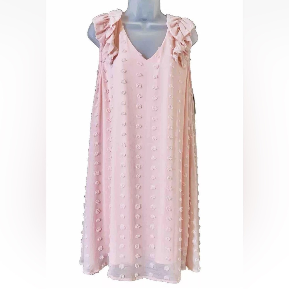 Pink Ruffle-Shoulder Textured Shift Dress